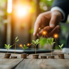 Leinwandbilder - Investment Growth Concept with Coin Stacks and Sprouts Charted for Financial Increase Analysis