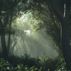 Poster - Sun-Kissed Forest: Rays of Light Streaming Through Lush Green Canopy, Creating a Serene and Ethereal Atmosphere 