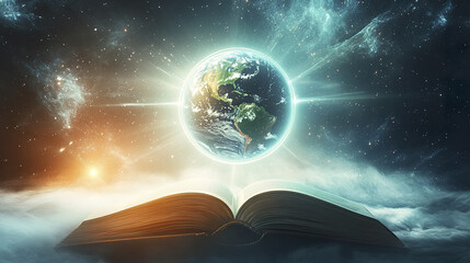 Wall Mural - glowing earth hovers above open book in cosmic setting
