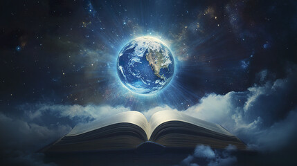 Wall Mural - dreamlike image of earth suspended over open book in starry sky