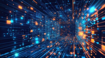 A blue and orange computer screen with many small dots. The dots are arranged in a way that creates a sense of depth and movement. The image conveys a feeling of technology and innovation