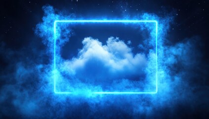 Wall Mural - a blue cloud with a blue frame. the frame is glowing and the cloud is surrounded by smoke