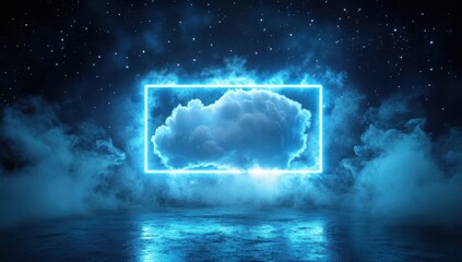 Wall Mural - a blue cloud is floating in the sky above a body of water. the sky is filled with stars and the wate