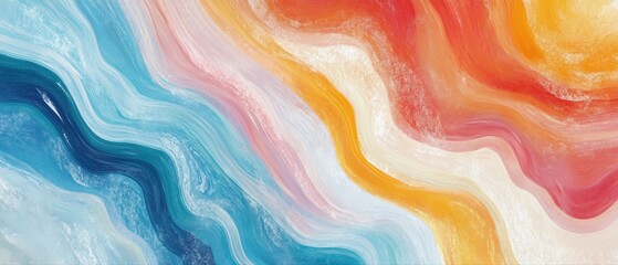 Wall Mural - a painting of a wave with blue, red, and yellow colors. the colors are blended together to create a 