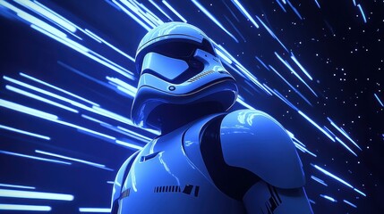 a blue space helmet with a star wars logo on it. the helmet is surrounded by a blue and white backgr