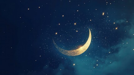 mesmerizing night sky scene with a glittering crescent moon surrounded by numerous stars. the deep b