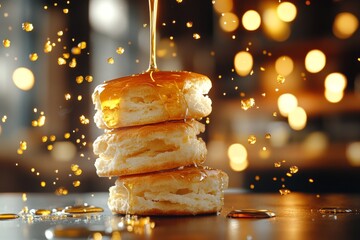 a hyper-realistic close-up of golden honey dripping onto a fresh biscuit, capturing the texture and 