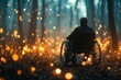 © Thammarong - A magical powered wheelchair glowing with enchanted runes, its user navigating through a mystical forest filled with sparkling lights