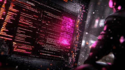Wall Mural - computer screen displaying pink neon light with abstract futuristic data transfer background