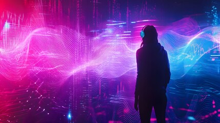 Wall Mural - a creative advertisement for a new music streaming service, with abstract sound waves and neon light