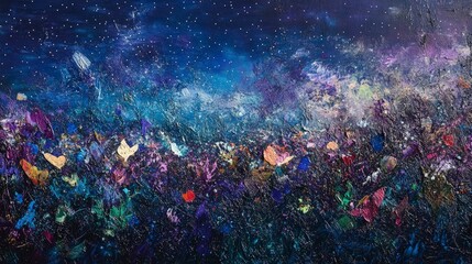 Wall Mural - A starry night sky painted with an array of colors, showcasing the Milky Way galaxy and distant stars. The background is dark blue with hints of purple