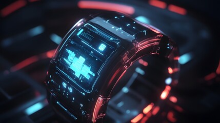 Wall Mural - A futuristic ad for a new smartwatch, showing its glowing screen and interactive features against a dark background