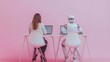 © Ahmads - A human and an AI robot sitting at the same desk, working together on laptops in front of a pink background wall.