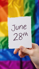 Wall Mural - Celebrating June 28th with pride and love holding sign against vibrant LGBTQ+ rainbow flag backdrop