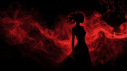Wall Mural - A dark silhouette of an individual standing in the shadows, illuminated by red smoke that creates a mysterious and intense atmosphere