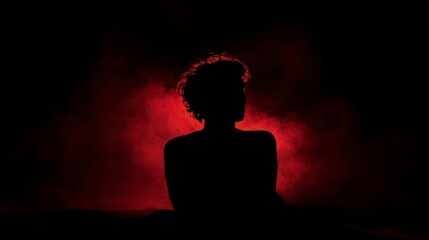 Wall Mural - A dark silhouette of an individual standing in the shadows, illuminated by red smoke that creates a mysterious and intense atmosphere