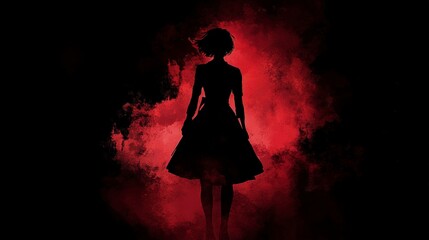 Wall Mural - A dark silhouette of an individual standing in the shadows, illuminated by red smoke that creates a mysterious and intense atmosphere