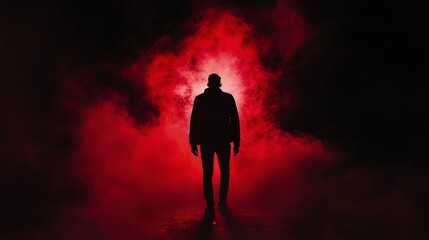 Wall Mural - A dark silhouette of an individual standing in the shadows, illuminated by red smoke that creates a mysterious and intense atmosphere