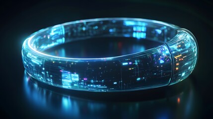 Wall Mural - A futuristic ad for a new wearable tech device, featuring holographic data and glowing interface elements