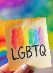 Wall Mural - yellow paper with painted LGBTQ pride colors held by hand with colorful nails against colorful background