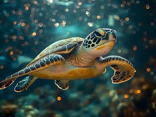 Wall Mural - Serene Sea Turtle Gliding Gracefully Through Glowing Underwater Seascape with Shimmering Schools of Fish
