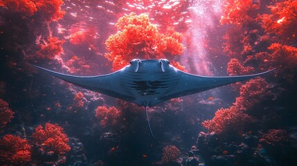 Wall Mural - Majestic Manta Ray Gliding Over Vibrant Coral Reef in Captivating Underwater Landscape