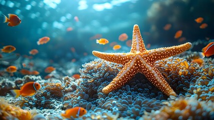 Wall Mural - Glowing Starfish Resting on Vibrant Coral in Tranquil Underwater Scene