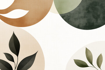 Wall Mural - Abstract wallpaper design featuring circular shapes and leaf patterns in earthy tones for a contemporary interior