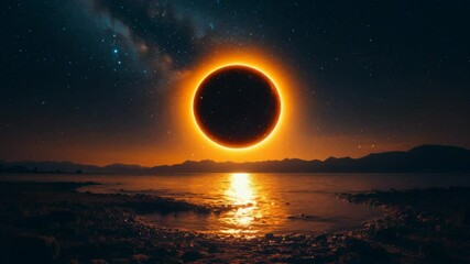 Wall Mural - Total solar eclipse reflecting on calm ocean at night