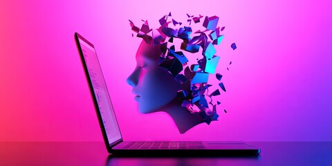 Wall Mural - ad blocker concept with head exploding looking at laptop