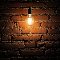 Wall Mural - A single burnt-out lightbulb hanging from a frayed wire, casting dim light over a decayed brick wall