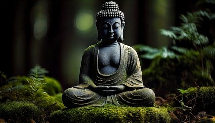 Wall Mural - A small dark stone statue of a Buddha surrounded by Dark grunge background with a rough stone