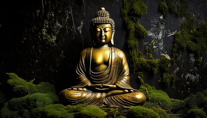 Wall Mural -  A small gold statue of a Buddha surrounded by Dark grunge background with a rough stone, widescreen