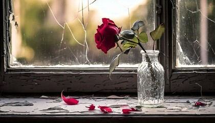 Wall Mural - A wilted red rose in a cracked glass vase, sitting on a neglected windowsill covered in grime