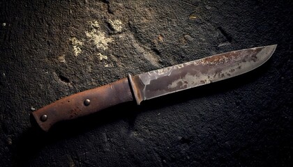 Wall Mural - An old rusted knife lying on a rough concrete surface, surrounded by dark stains