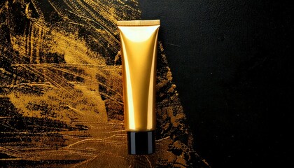 Wall Mural - a gold cosmetic tube on Black and gold grunge background, luxurious yet worn-out text