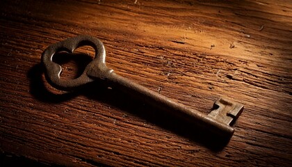Wall Mural - A lone, rusted key resting on a stained and scratched wooden table, surrounded by dust