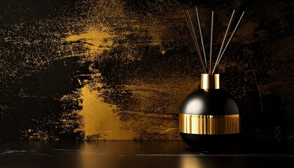 Wall Mural - a luxury gold-black spa diffuser on Black and gold grunge background, luxurious yet worn-out