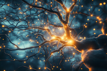 Abstract background with electric lightning in the brain of an animal or human cell, close-up view. Realistic photo. Concept for science and medicine research.