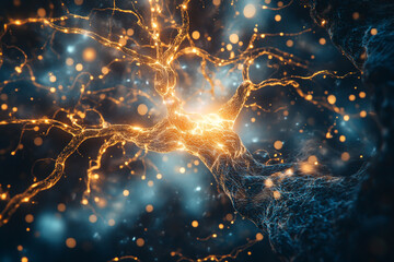 Abstract background with electric lightning in the brain of an animal or human cell, close-up view. Realistic photo. Concept for science and medicine research.