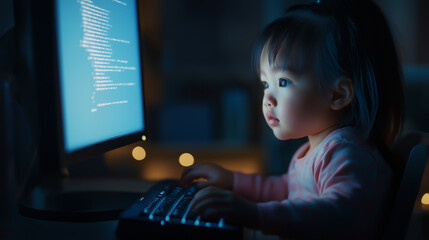 A toddler girl sitting in front of a computer, focused on the monitor screen while write code programming. A baby programmer concept.