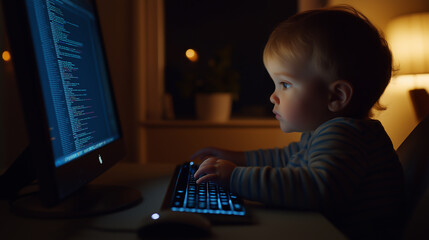  A toddler boy sitting in front of a computer, focused on the monitor screen while write code programming. A baby programmer concept.