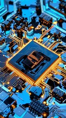 Wall Mural - neon orange circuits pulse through blue processor core. central microchip dominates electronic lands