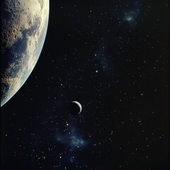 a deep-space view of the moon and earth, glowing against the darkness of the cosmos ar 16:9 v 6.1 q 