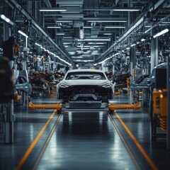 Poster - Automated Automotive Assembly Line: A Futuristic Car Manufacturing Plant with Robots and Advanced Technology 