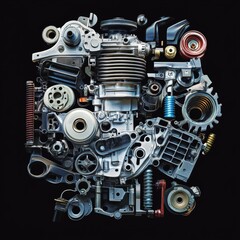 Fototapete - Automotive Components Isolated: An Abstract Composition of Mechanical Parts on a Black Background, Engineering Design