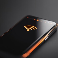 Poster - Connected Device: A Sleek Smartphone Displaying a Bright Orange Wi-Fi Symbol on a Dark Background