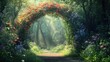 © Dmytro - Flower archway with vibrant roses and wildflowers forming a natural tunnel, leading to a sunlit forest path. The composition emphasizes nature's beauty and tranquility. Generative AI