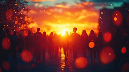 Wall Mural - silhouettes of a group of people socializing at sunset, with blurred bokeh lights in the background.