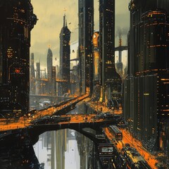 Aufkleber - Neon Cityscape: A Glimpse into a Dystopian Future with Towering Structures and Reflective Waterways at Dusk